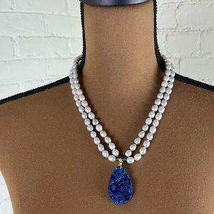 Pearl Necklace with blue stone.  EUC